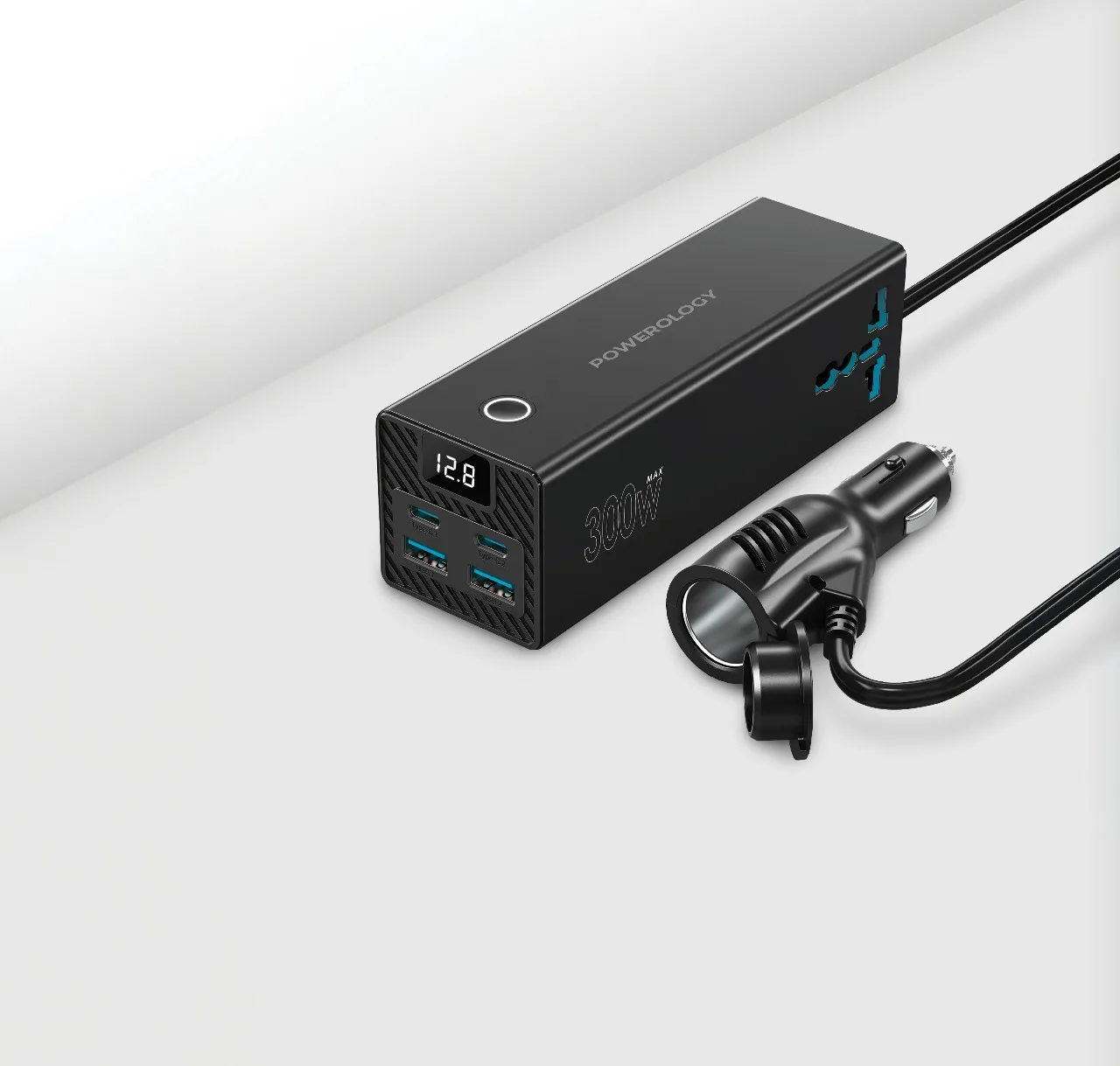 اینورتر فندکی خودرو پاورولوژی مدل PWCUQC038 ظرفیت ۳۰۰ وات با دو خروجی ۲۲۰ ولت