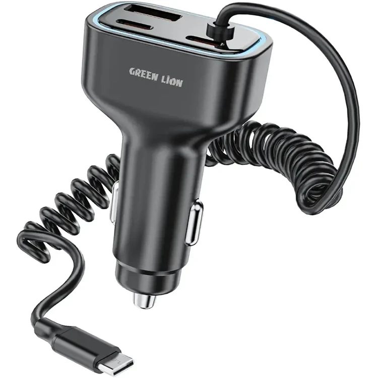 شارژر فندکی مشکی خودرو مدل Dual PD 90W با کابل USB-C داخلی گرین لاین